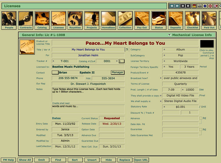 This layout provides a place to enter all the critical data regarding a License (Dates, attributes, rate, etc.).